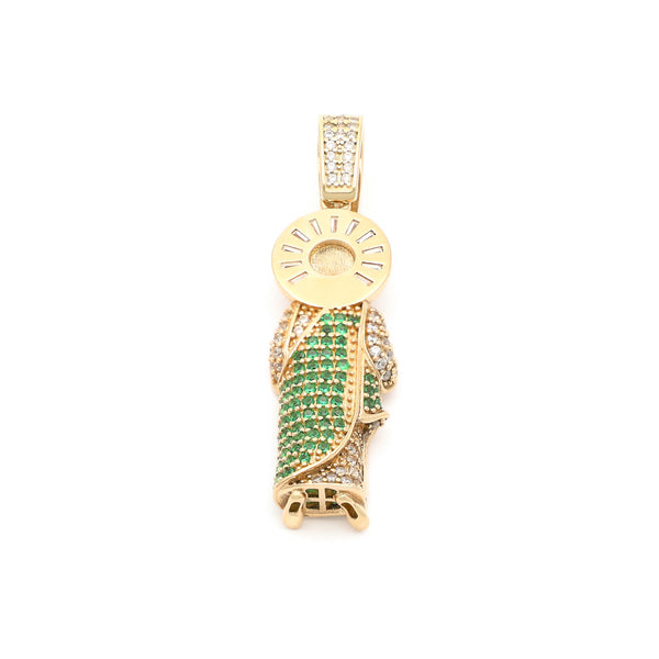 Medalla diseño especial motivo San Judas Tadeo con sintéticos en oro amarillo 14 kilates.