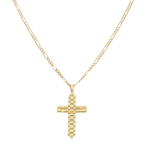 Collar de tres eslabones por uno platinado y cruz articulada en oro amarillo 14 kilates.