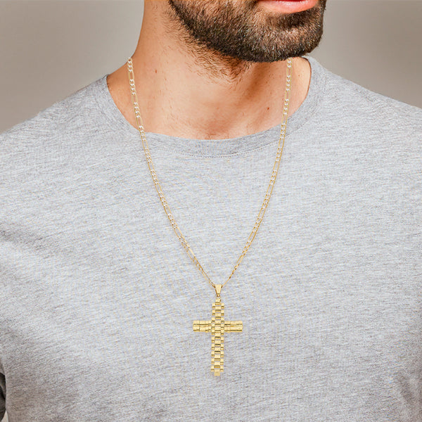 Collar de tres eslabones por uno platinado y cruz articulada en oro amarillo 14 kilates.