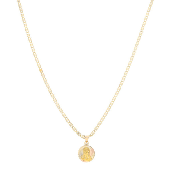 Collar eslabón nudo marino y medalla motivo Virgen de Guadalupe en oro dos tonos 14 kilates.