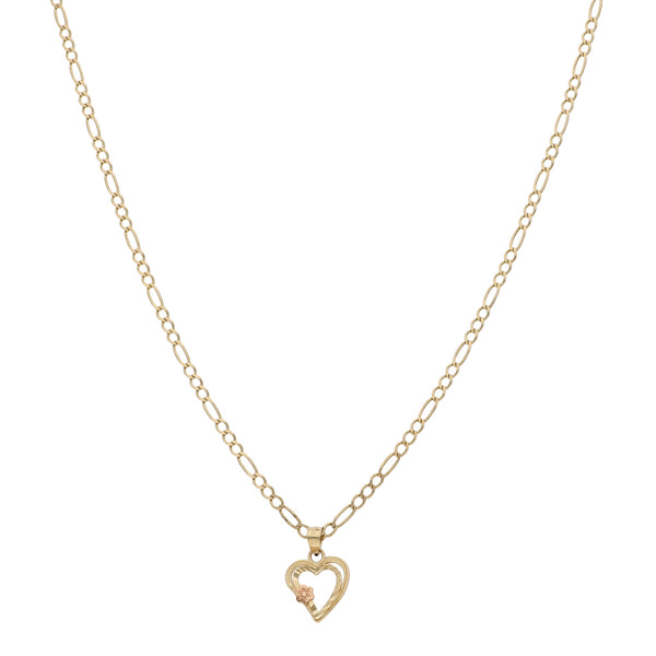 Collar de tres eslabones por uno y dije calado motivo corazón en oro dos tonos 14 kilates.