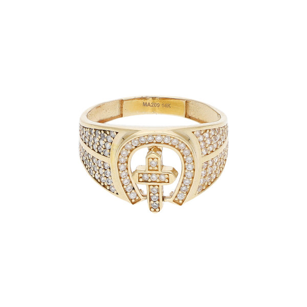 Anillo diseño especial con circonias motivo cruz y herradura en oro amarillo 14 kilates.