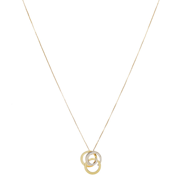 Gargantilla eslabón cuadrado cruzado y dije diseño especial motivo aros en oro tres tonos 14 kilates.