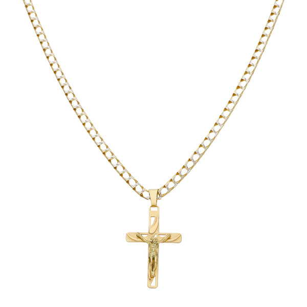 Collar eslabón encontrado platinado y crucifijo en oro amarillo 14 kilates.