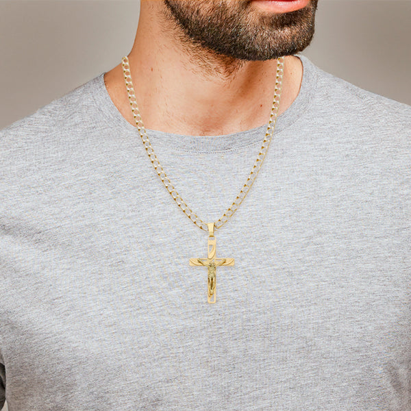 Collar eslabón encontrado platinado y crucifijo en oro amarillo 14 kilates.