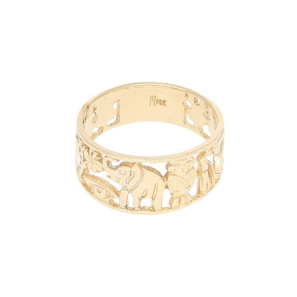 Anillo calado motivos de la suerte en oro amarillo 14 kilates.