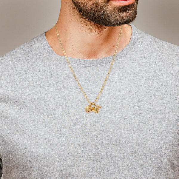 Collar de tres eslabones por uno y dijes diseño especial motivo elefante en oro amarillo 14 kilates.