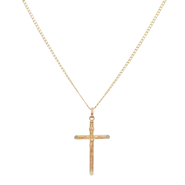 Collar eslabón encontrado y crucifijo en oro tres tonos 14 kilates.