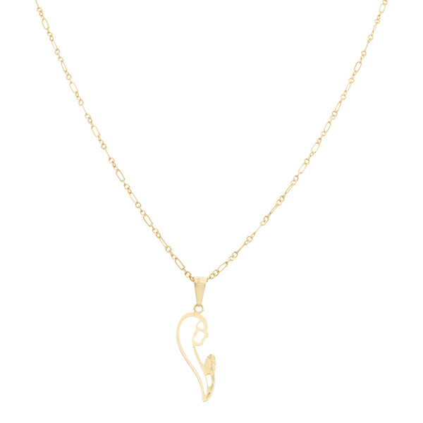Collar de tres eslabones por uno y medalla calada motivo Madonna en oro amarillo 14 kilates.