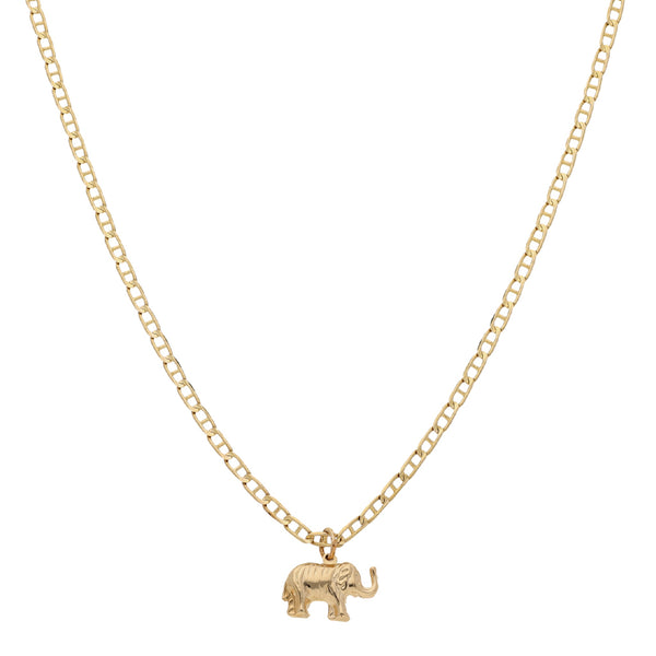 Collar eslabón nudo marino y dije hueco motivo elefante en oro amarillo 14 kilates.