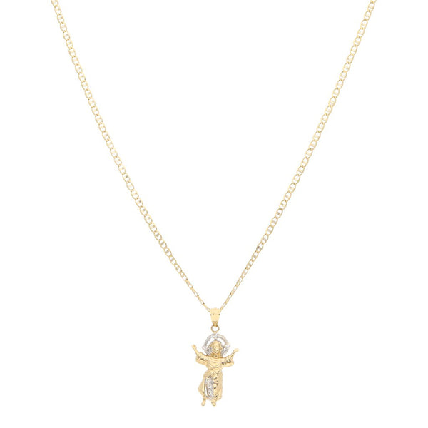 Collar eslabón nudo marino platinado y medalla diseño especial con circonias motivo Divino Niño en oro amarillo 14 kilates.