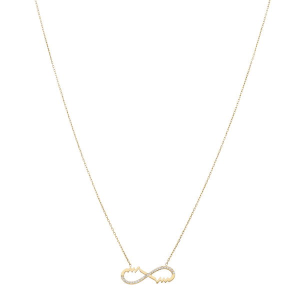 Collar eslabón cruzado con aplicación infinito con circonias en oro amarillo 14 kilates.