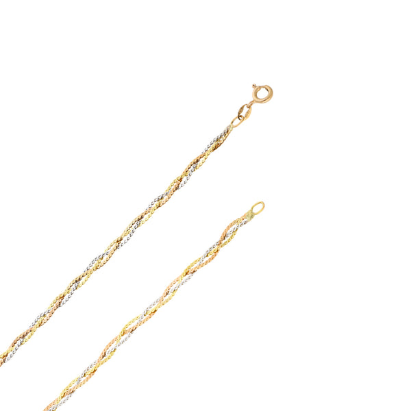 Gargantilla eslabón trenzado y broqueles diseño especial en oro tres tonos 14 kilates.