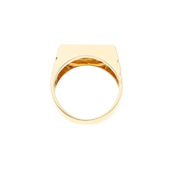 Anillo barroco con diamantes y rubíes en oro amarillo 14 kilates.