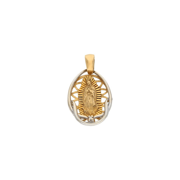 Medalla diseño especial con circonia motivo Virgen de Guadalupe en oro dos tonos 18 kilates.