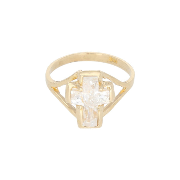 Anillo diseño especial con sintético motivo cruz en oro amarillo 12 kilates.