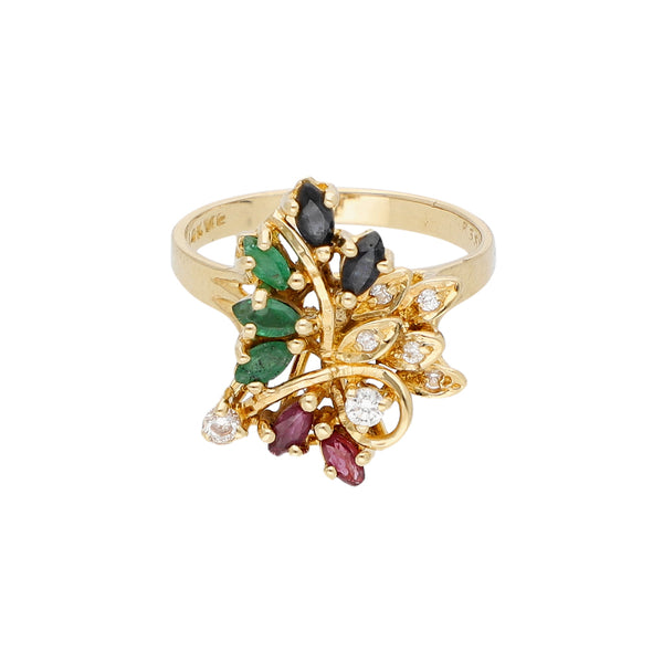 Anillo diseño especial con sintéticos en oro amarillo 14 kilates.
