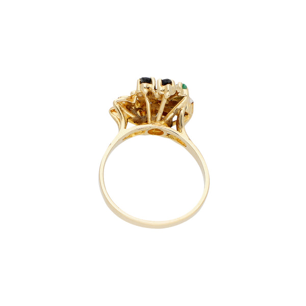 Anillo diseño especial con sintéticos en oro amarillo 14 kilates.
