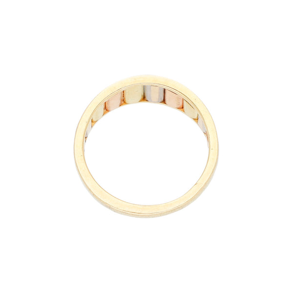 Anillo diseño especial en oro tres tonos 14 kilates.