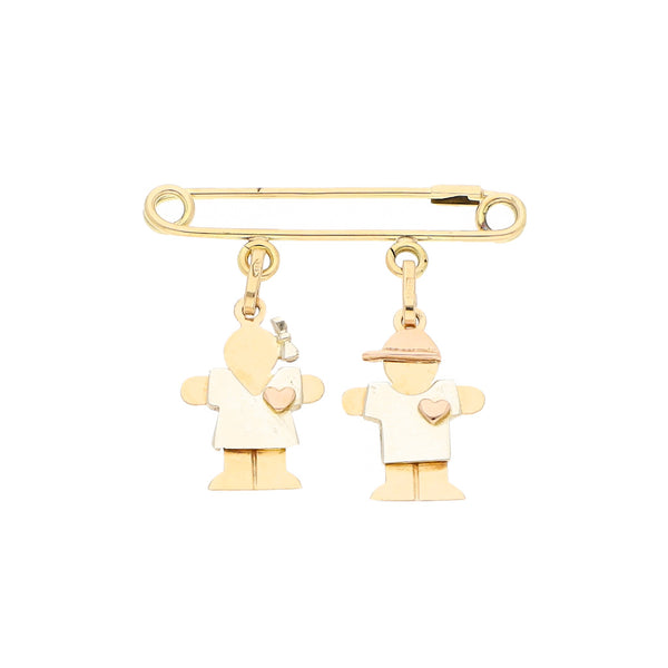 Prendedor diseño especial con colgantes motivo niños en oro tres tonos 14 kilates.