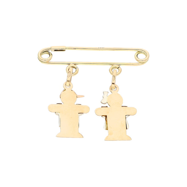 Prendedor diseño especial con colgantes motivo niños en oro tres tonos 14 kilates.