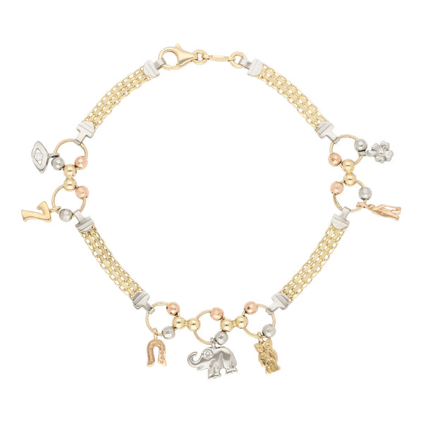 Pulsera eslabón tejido con aplicaciones y colgantes figuras diferentes en oro tres tonos 14 kilates.