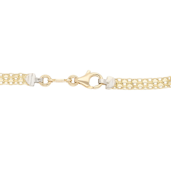 Pulsera eslabón tejido con aplicaciones y colgantes figuras diferentes en oro tres tonos 14 kilates.