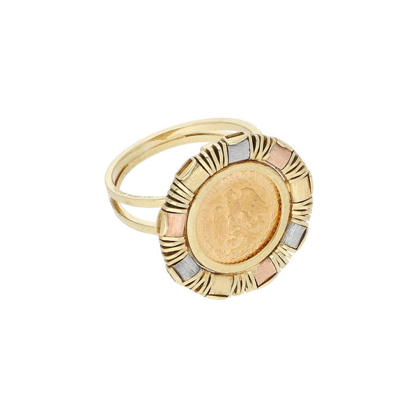 Anillo diseño especial con moneda de dos pesos oro mexicano 21.6 kilates en oro tres tonos 14 kilates.