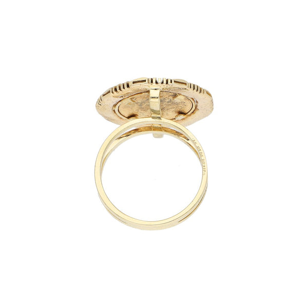 Anillo diseño especial con moneda de dos pesos oro mexicano 21.6 kilates en oro tres tonos 14 kilates.