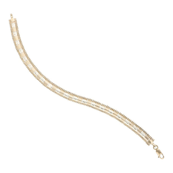 Pulsera eslabón boleado motivo grecas en oro amarillo 14 kilates.