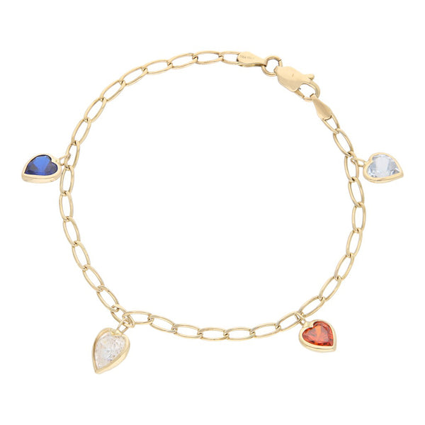 Pulsera eslabón encontrado con colgantes motivo corazón y sintéticos en oro amarillo 14 kilates.