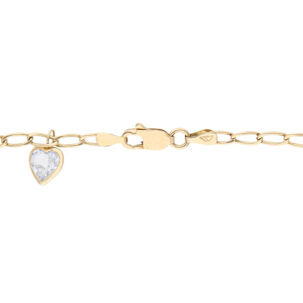 Pulsera eslabón encontrado con colgantes motivo corazón y sintéticos en oro amarillo 14 kilates.