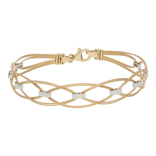 Pulsera eslabón tejido con aplicaciones en oro dos tonos 14 kilates.