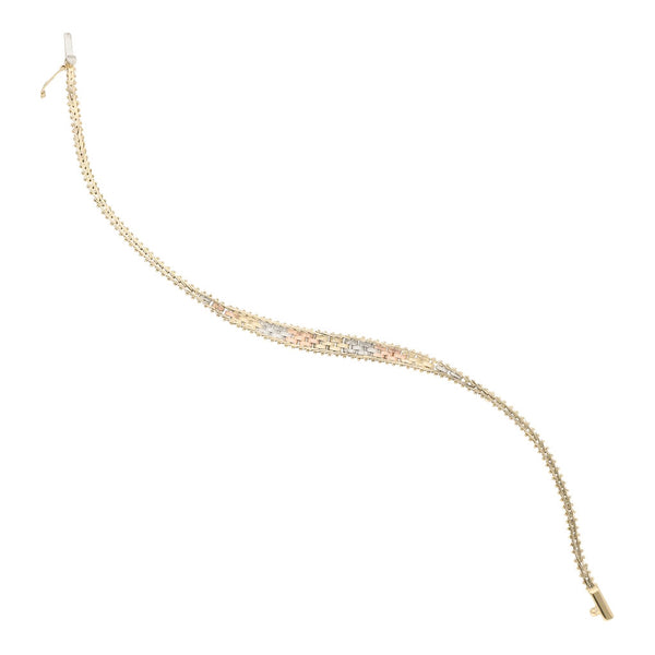 Pulsera eslabón boleado en oro tres tonos 14 kilates.