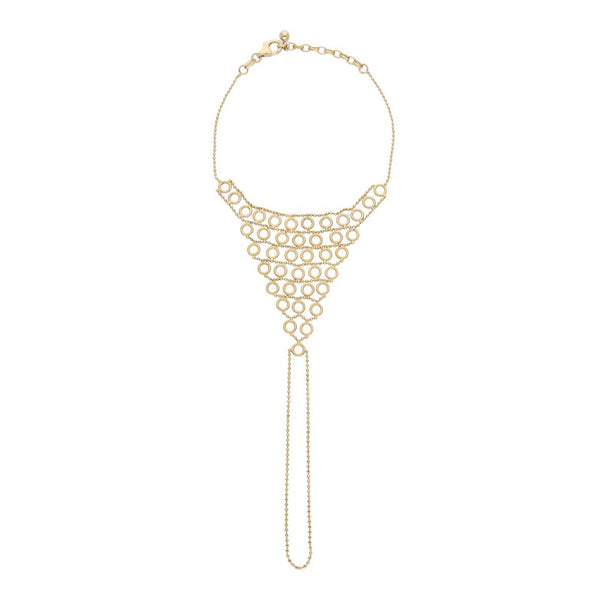 Pulsera con extensión de anillo eslabón boleado con colgante motivo aros en oro amarillo 14 kilates.