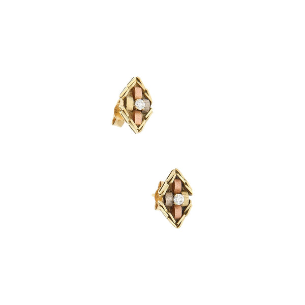 Broqueles diseño especial con circonias en oro tres tonos 14 kilates.