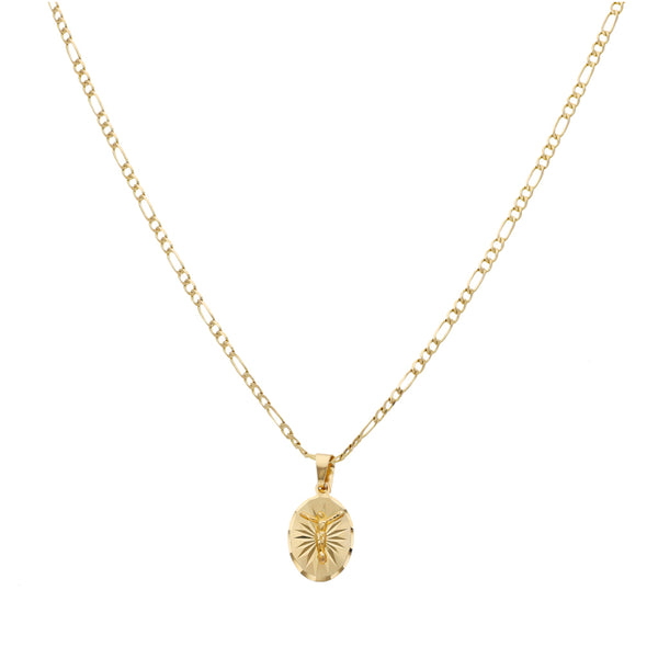 Collar de tres eslabones por uno y medalla motivo Cristo en oro amarillo 14 kilates.