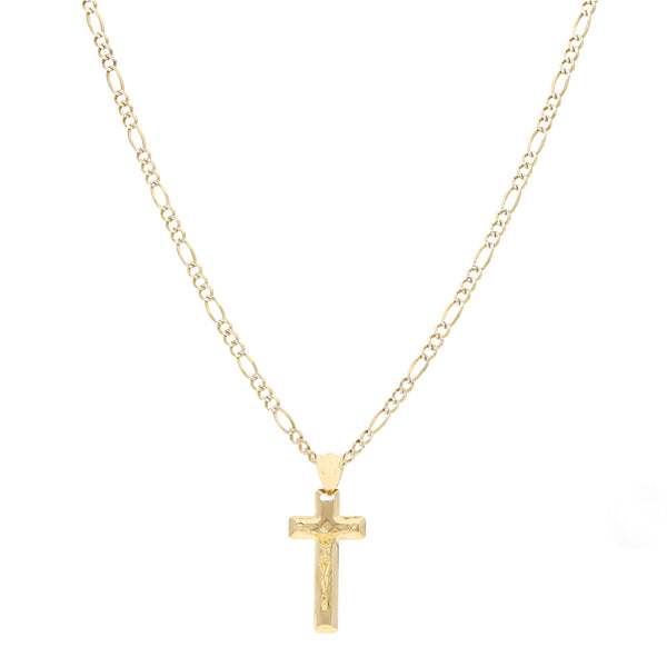 Collar de tres eslabones por uno platinados y crucifijo en oro amarillo 14 kilates.