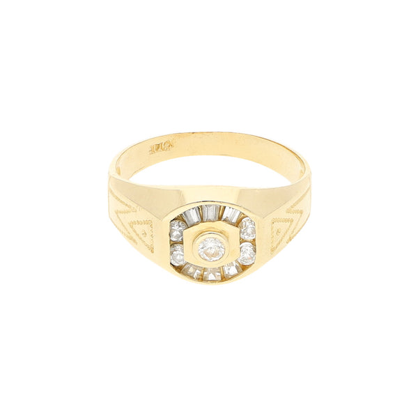 Anillo diseño especial con circonias en oro amarillo 14 kilates.