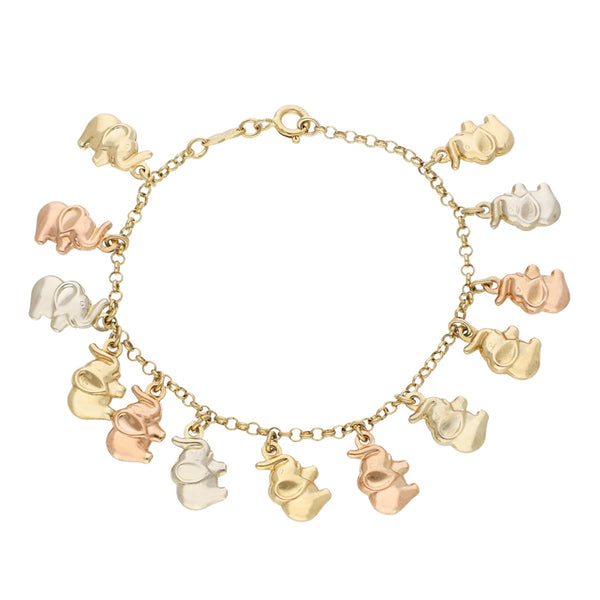 Pulsera eslabón cruzado con colgantes motivo elefante en oro tres tonos 14 kilates.