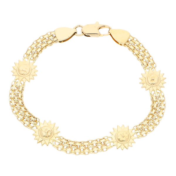 Pulsera eslabón tejido con aplicaciones motivo sol en oro amarillo 14 kilates.