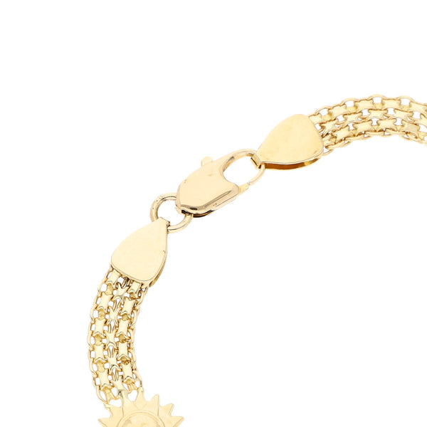 Pulsera eslabón tejido con aplicaciones motivo sol en oro amarillo 14 kilates.