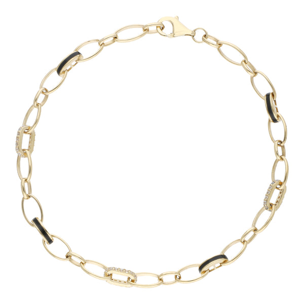 Pulsera eslabón cruzado con sintéticos y esmalte en oro amarillo 14 kilates.