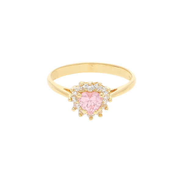 Anillo diseño especial motivo corazón con sintéticos en oro amarillo 14 kilates.