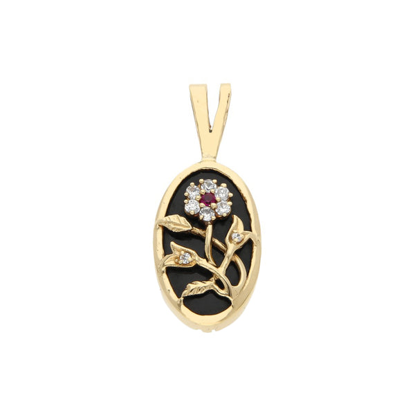Dije diseño especial motivo flor con sintéticos en oro amarillo 14 kilates.