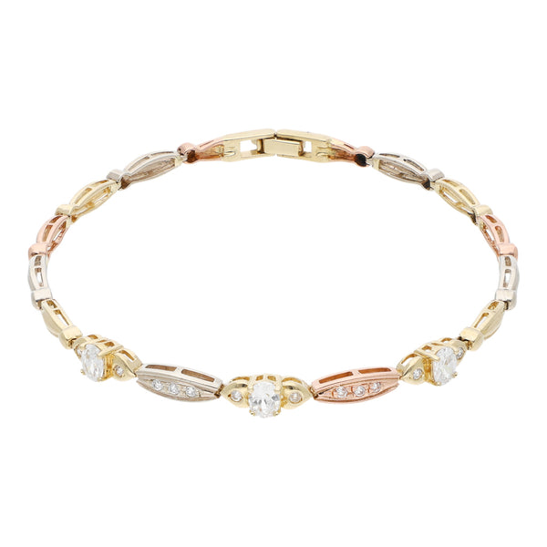 Pulsera eslabón articulado con sintéticos en oro tres tonos 14 kilates.