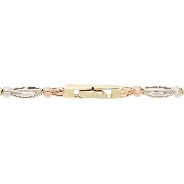 Pulsera eslabón articulado con sintéticos en oro tres tonos 14 kilates.