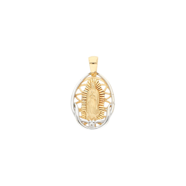 Medalla calada motivo Virgen de Guadalupe con diamante en oro dos tonos 18 kilates.