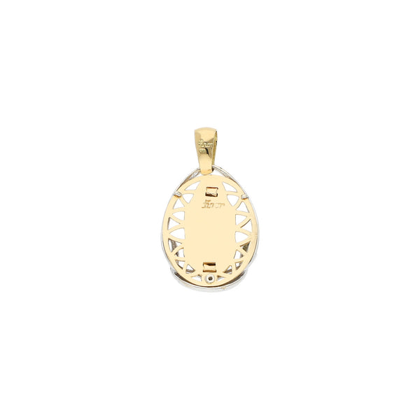 Medalla calada motivo Virgen de Guadalupe con diamante en oro dos tonos 18 kilates.
