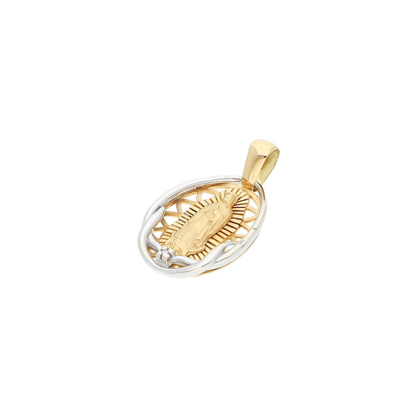 Medalla calada motivo Virgen de Guadalupe con diamante en oro dos tonos 18 kilates.